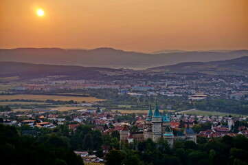 Beautiful aerial view on Bojnice castle and town of Bojnice in a soft light at sunrise