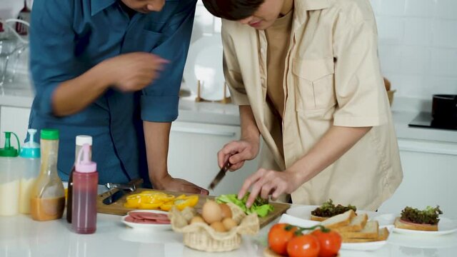 Asian Couple Lovers Same Sex LGBGTQ  Cooking Meal In The Kitchen 