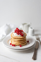 American Peanut Pancakes with Cranberries, Maple Syrup and Yoghurt , Morning Flat Lay