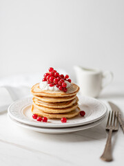 American Peanut Pancakes with Cranberries, Maple Syrup and Yoghurt , Morning Flat Lay