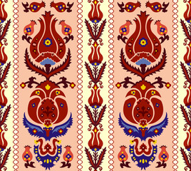 Seamless ethnic Middle Asian, Uzbek, Turk, Persian and Arabian islamic damask vector decorative pattern, damask ornate boho style vintage ornaments in deep red, blue and light orange colors.