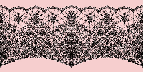 Horizontally seamless black lace background with floral pattern - 413580882