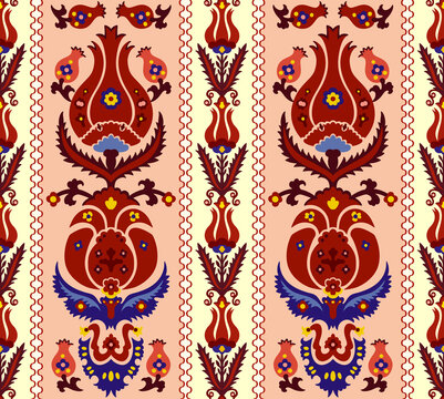 Seamless ethnic Middle Asian, Uzbek, Turk, Persian and Arabian islamic damask vector decorative pattern, damask ornate boho style vintage ornaments in deep red, blue and light orange colors.