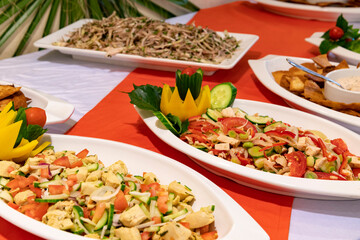 Vegetables on the open buffet. Salad bar.