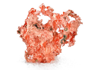 Extreme sharp and detailed piece of Native Copper from the Caledonia Mine isolated on white background . Amazing rare closeup macro sample of shapeless Copper nugget