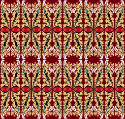 Seamless Suzani Uzbek, Persian, Turk, Middle Asian and Arabian islamic vector decorative pattern, damask ornate boho style vintage ornaments in deep red, beige colors.