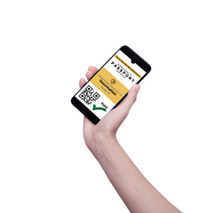 Smartphone with smart App of valid vaccination and passport certification on white background, Disease immunity coronavirus passport for surveillance and travel across the country.