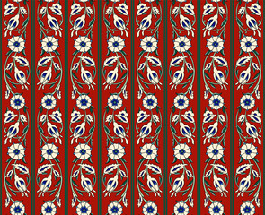 Vector Arabian Islamic floral decorative seamless pattern. Exotic Boho arabesque ornamental textile design in deep red, green and blue colors for custom design. Flowers repeating. Stock illustration.