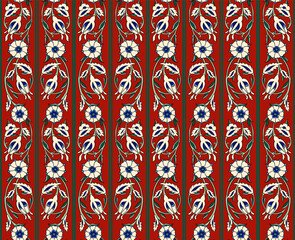 Vector Arabian Islamic floral decorative seamless pattern. Exotic Boho arabesque ornamental textile design in deep red, green and blue colors for custom design. Flowers repeating. Stock illustration.