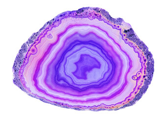 Amazing cross section of Violet Agate Crystal geode. Natural translucent agate crystal surface cut isolated on white background, Purple healing abstract structure slice mineral stone macro closeup - obrazy, fototapety, plakaty