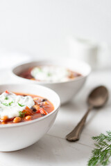 Vegetable Chili Bean Stew With Red Kidney Beans, Tomatoes, Sweetcorn, Red and Yellow Peppers On Flat Lay