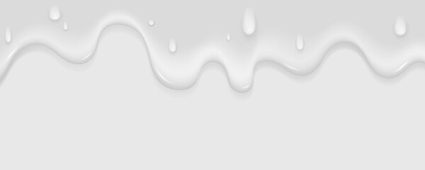 Realistic milk yogurt flows down on light background. White liquid with drops. Soft texture of a dairy product for your graphic design. Ice cream melts. Vector illustration.