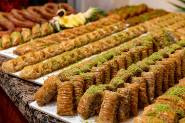Pistachio baklava. Traditional Middle Eastern Flavors. Traditional Turkish baklava. Local name...