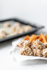 Rice Puffs Chicken Nuggets and Baked Sweet Potatoes, Flat Lay