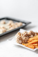 Rice Puffs Chicken Nuggets and Baked Sweet Potatoes, Flat Lay