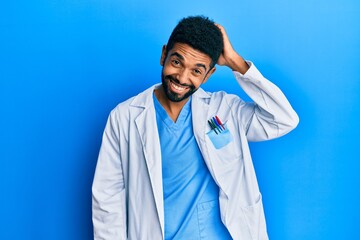 Handsome hispanic man with beard wearing doctor uniform confuse and wonder about question....