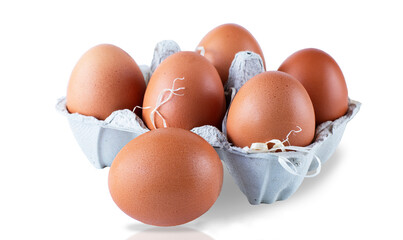 Cardboard box with organic chicken eggs isolated on white. Image with reflection