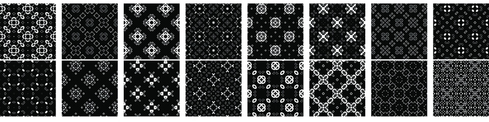 16 seamless abstract geometric patterns and designs in black and white color, monochrome. Endless texture can be used for Wallpaper, pattern fills the background of your web page, surface textures.