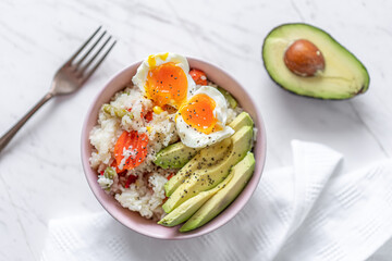 Veggie Rice With Mixed Vegetables, Avocado and Boiled Egg, Flat Lay