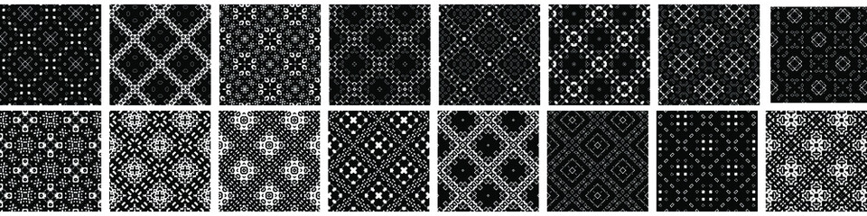 16 seamless abstract geometric patterns and designs in black and white color, monochrome. Endless texture can be used for Wallpaper, pattern fills the background of your web page, surface textures.