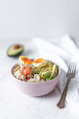 Veggie Rice With Mixed Vegetables, Avocado and Boiled Egg, Flat Lay