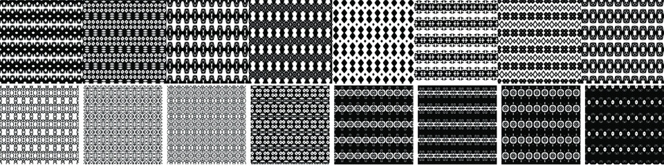 16 seamless abstract geometric patterns and designs in black and white color, monochrome. Endless texture can be used for Wallpaper, pattern fills the background of your web page, surface textures.