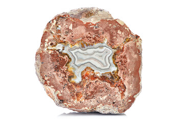 Amazing Marble Agate Crystal cross section isolated on white background. Brown polished agate crystal surface, abstract texture slice mineral stone macro closeup. Natural layered structure pattern