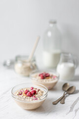 Peanut and Raspberry Overnight Oats, Morning Porridge Breakfast, Diary Milk