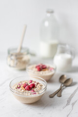 Peanut and Raspberry Overnight Oats, Morning Porridge Breakfast, Diary Milk