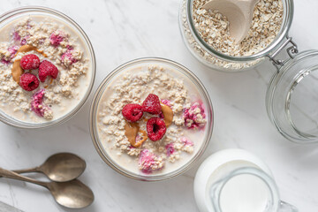 Peanut and Raspberry Overnight Oats, Morning Porridge Breakfast, Diary Milk