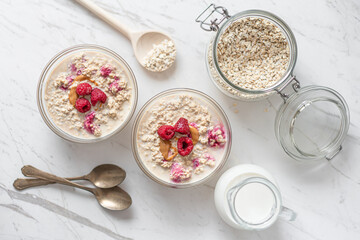 Peanut and Raspberry Overnight Oats, Morning Porridge Breakfast, Diary Milk