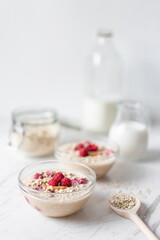 Peanut and Raspberry Overnight Oats, Morning Porridge Breakfast, Diary Milk