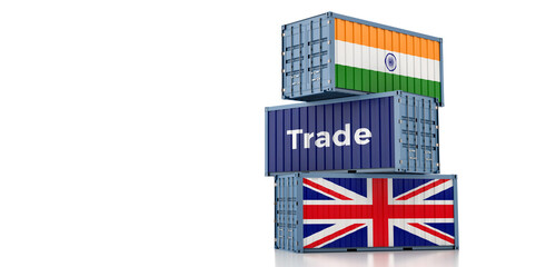 Freight containers with India and United Kingdom flag. 3D Rendering 