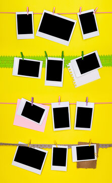 Blank Photo Frames Hanging On Clothesline. Polaroid Frame. Instax Frame