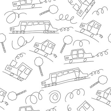 Doodle monoline cars background. Seamless baby boy pattern in vector. Texture for wallpaper, fills, web page background