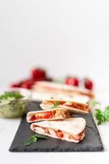 Chicken Tomato and Cheese Quesadillas and Avocado Guacamole