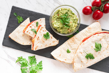 Chicken Tomato and Cheese Quesadillas and Avocado Guacamole
