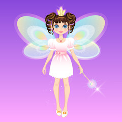 Girl wearing a princess crown with wings and a magic wand. Fairy fairy, little sorceress. Image as a design element isolated from the background.
