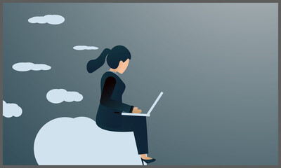 
vector illustration of business woman sitting on a cloud and using a laptop