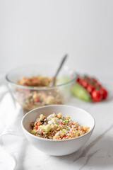 Quinoa Salad, Zucchini, Orange Pepper, Cucumber and Feta Cheese