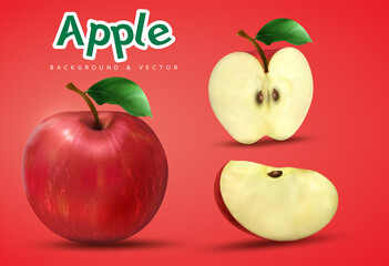 3d realistic transparent isolated vector set, whole and slice of apple, apple in a splash of juice with drops