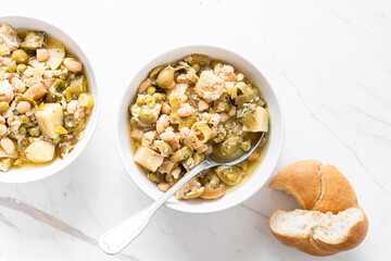 Chicken Breast Casserole, Leeks, Potatoes, Beans, Peas and Green Olives