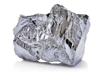 Foto auf Acrylglas Macro shoot of piece of nickel metal ore isolated on a white background. Closeup photo of amazing shiny mineral rough © Sebastian