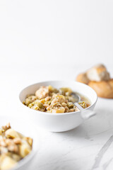 Chicken Breast Casserole, Leeks, Potatoes, Beans, Peas and Green Olives