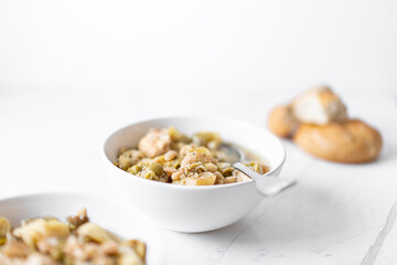 Chicken Breast Casserole, Leeks, Potatoes, Beans, Peas and Green Olives
