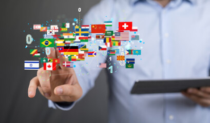 Global communication and international messaging concept, national flags of world