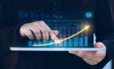 Businessman investment consultant analyzing company financial report balance statement working with digital augmented reality graphics. Concept for business, economy and marketing. 3D illustration.