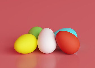 Colored eggs on a pink background.. Easter holiday. 3D rendering and 3D illustration.