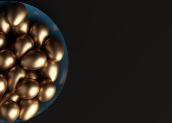 Golden eggs on a blue plate located on the left side. Easter holiday. 3D rendering and 3D illustration.