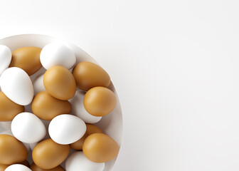 The eggs are brown and white on a white plate. Easter holiday. 3D rendering and 3D illustration.